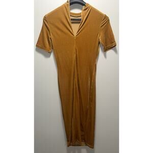 Shein Women’s Large Gold Velvet Bodycon Midi Dress Short Sleeve Stretch Back Zip